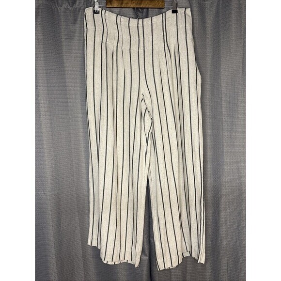 Worthington Wide Leg Linen Blend Cream & Black Stripes High Waist Size 16 - Picture 1 of 9